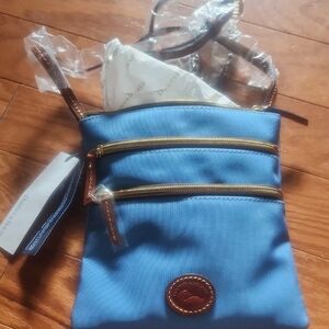 Dooney & Bourke Blue and Brown Crossbody Bag with Leather Accents